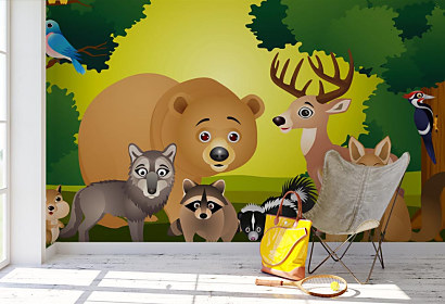 Lesné zvieratká, sova owl vták bird medveď bear jeleň deer vlk wolf veverička squirrel raccoon medvedík čistotný líška fox ďateľ woodpecker zajac rabbit skunk les forest strom stromy trees